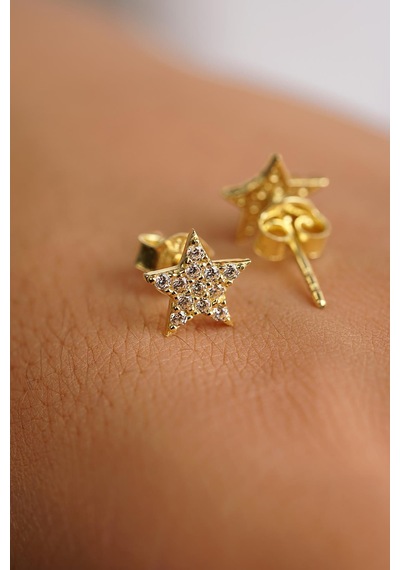 Fiyonk Kuyumculuk 14 Ayar Altın Swarovski Taşlı Büyük Yıldız Küpe 001
