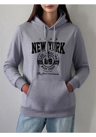 Startmore Startmorenew York Batı Yakası Baskı Kapüşonlular Kadın Kış Polar Sıcak Kazaklar Temelleri Cep Tişörtü Gri