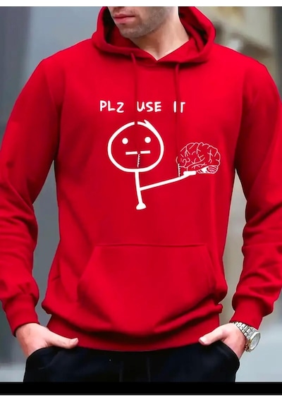 Medinenur Plz Use It Baskılı Kapüşonlu Sweatshirt Kırmızı