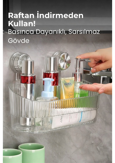 Siyah Vakumlu Şampuanlık & Baharatlık Rafı Delmeden Montajlı Duş Rafı Organizer, Banyo Düzenleyici Şeffaf - Gri