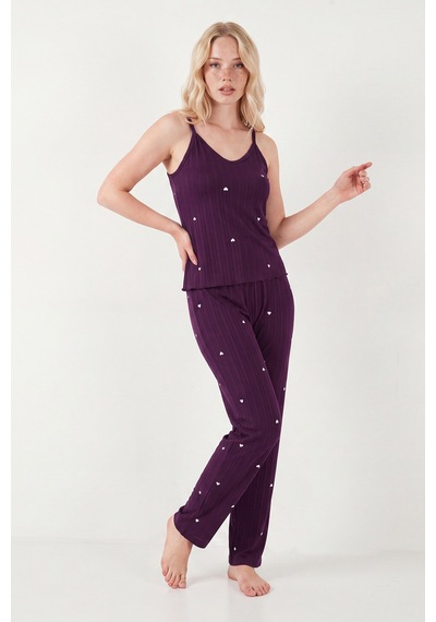 Lela Askılı V Yaka Lastikli Bel Fitilli Pijama Takımı Bayan Pijama Takımı 65780604 Mürdüm MÜRDÜM