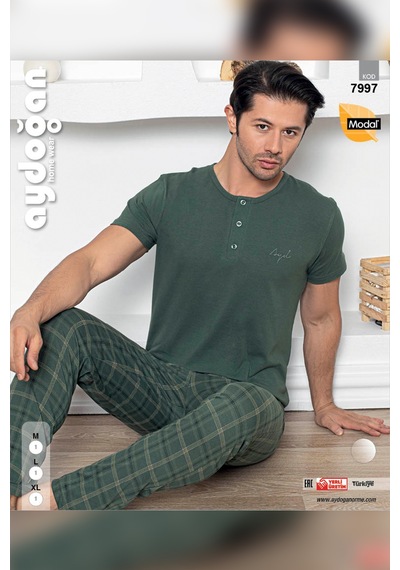 Aydoğan Erkek Civan Modal Kısa Kol Haki Pijama Takım 7997 Yeşil