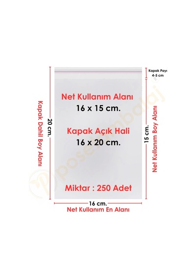 16x15+5 Cm. 16x20 250 Adet Şeffaf Bantlı Yapışkanlı Opp Poşet