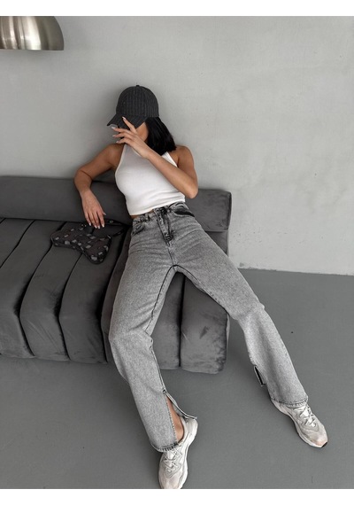 Yırtmaç Detaylı Boru Paça Grey Snow Wash Jean Gri