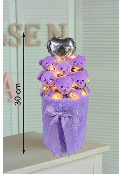 Kadınlar Gününe Özel: Deluxe Led Işıklı Mor Peluş Silindir Kutuda, Kalpli Balonlu 6 Lı Mor Ayıcık Buketi - Sevdiğine Hediye