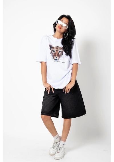 Startmore Stay Wild Leopar Siluet Baskılı Oversize Unisex Beyaz Beyaz