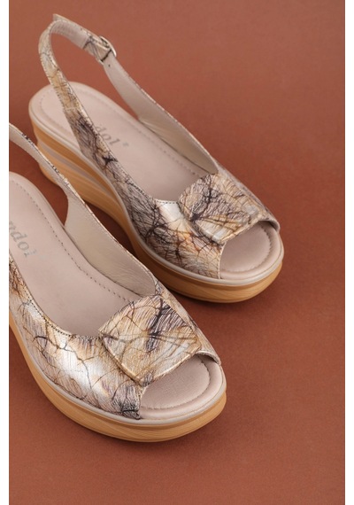 Gondol Hakiki Deri Platform Taban Sandalet Pkr.1802 Vizon Desen