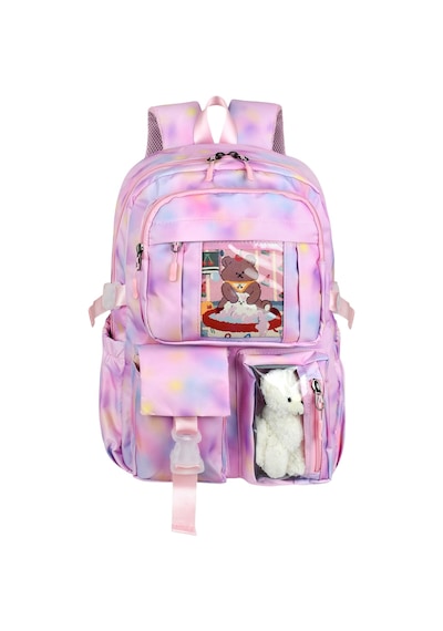 Kawaii Kore Tarzı Pembe Twil Kumaş Desenli Sırt Çantası,beslenme Çantası Ve Kalemlikli Üçlü Set