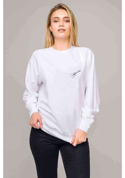 Gitar Göğüs Baskılı Beyaz Kadın Sweatshirt
