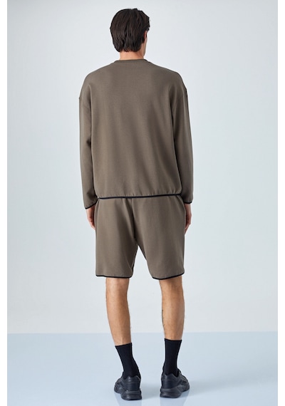 Grımelange PLEMON Erkek Bisiklet Yaka Uzun Kol Baskı Detaylı Oversize Koyu Kahverengi Sweatshirt