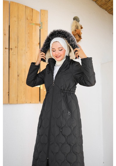 Harman Butik Kadın Tam Kürklü Kapüşonlu Kapitone Mont Siyah Siyah