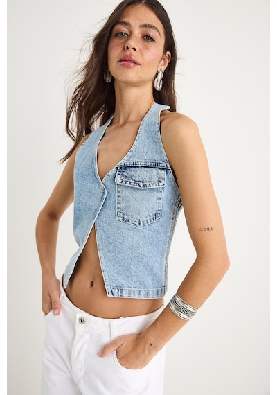 Shade Kadın Boyundan Askılı Dekolte Detaylı Denim Bluz 3433 60283271 - Buz Mavisi