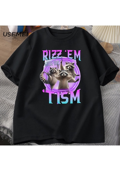 Flood Of Style Rizz Em Tism Rakun T-shirt Çöp Panda Komik Grafik T Shirt Erkekler Komik Pamuk Kısa Kollu Har Siyah