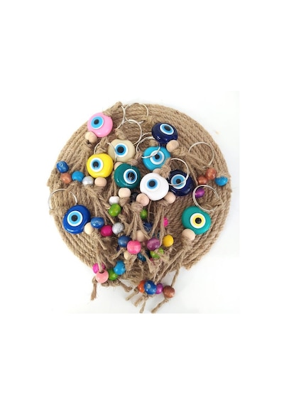 20 Adet Anahtarlık Karışık Renkli Kötü Göz Kovucu Nazar Hand Made Hasır Renkli Ahşap Boncuklu Nazarlık Çanta Araba Süsü