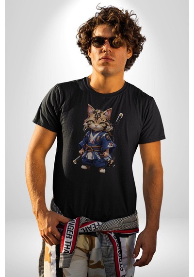 Japon Samuray Kılınç Unisex Unisex Siyah Organik Baskılı T-shirt Penye Yüksek Kalite Siyah