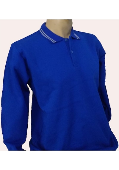 Sweatshirt 2 İplik Mavi Biyeli Polo Yaka Uzun Kol