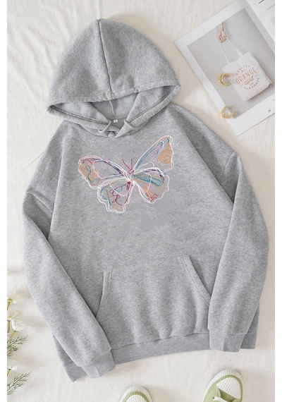Uyguntarz Unisex Butterfly Baskılı Sweatshirt Gri