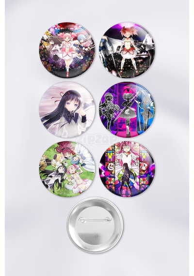 Puella Magi Madoka Magica Çanta Süsü Rozet İğneli Buton Rozet Seti 6 Adet Çok Renkli
