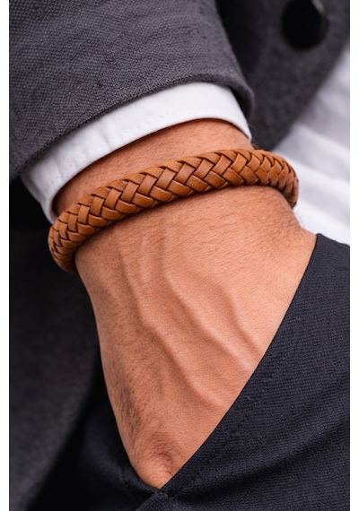 Taba Herringbone Balık Sırtı Örgülü Hakiki Deri Erkek Bileklik-50-680 Antrasit