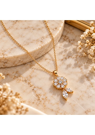 Çiçek Figürlü Zirkon Taşlı Çelik Kolye Gold & Gümüş Renk Altın