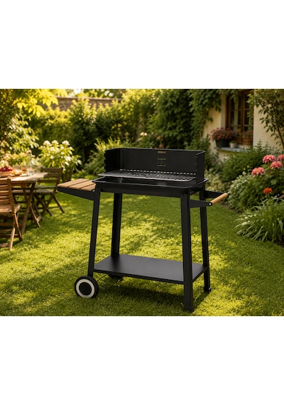 Tekerlekli Kömürlü Barbekü Mangal 83x40,5x86,3 Cm Bambu Yan Masalı, Krom Izgaralı, Bahçe Ve Balkon İçin Siyah