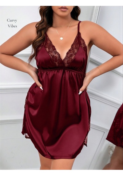 İntive Lingerie Curvy Vibes Bordo Yakası Dantelli Saten Yanları Yırtmaçlı Büyük B