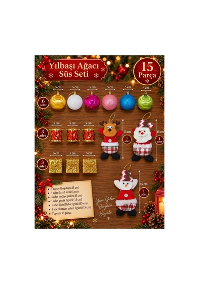 Yeni Yıla Özel 15 Parça Yılbaşı Ağacı Süs Seti 3'lü Noel Peluş Ve Yılbaşı Aksesuarları Süsleme Seti Diğer