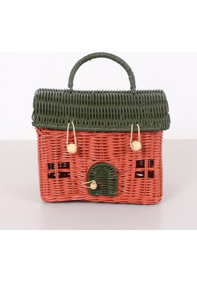 Mylamp Renkli Ev 23x20x13 Cm. Rattan Ev Dekoratif Çanta- Sepet Yeşilkırmızı