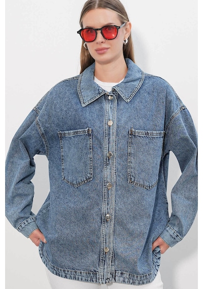Bigdart Çift Cepli Oversize Denim Buz Mavisi Kadın Ceket 694