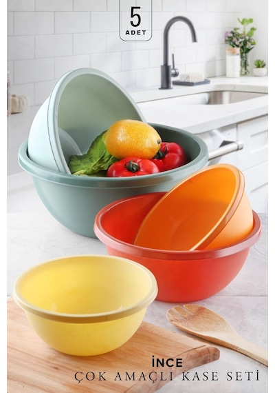 Kitchen Life 5'li Çok Amaçlı Neo Aura Yuvarlak Karıştırma Kasesi - 30+25+22+19+16,5cm 5 Boy Badya Saklama Kabı