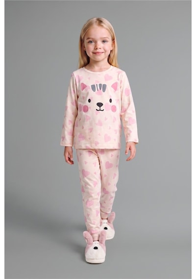 Defacto %100 Pamuk Hayvan Figürlü Ve Kalp Desenli Uzun Kol Üst Lastikli Paça Alt 2li Pijama Takımı Kız Bebek I3903a526auer105 Ekru-er105