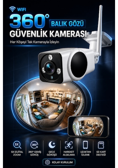 3mp Wifi Full Hd Kablosuz İç Ve Dış Mekan Balık Gözü Sd Karta Kayıt Yapan Telefondan İzleme Yapılabilen Güvenlik Kamerası