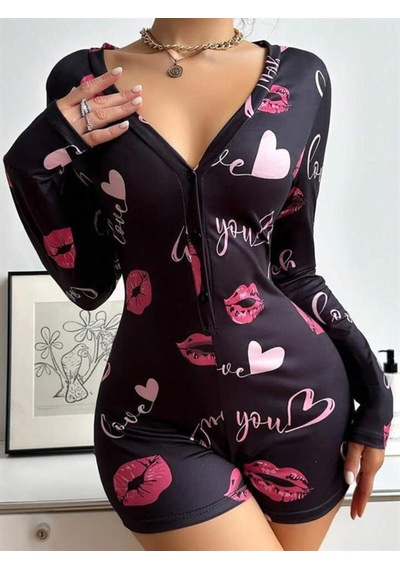Ekselanude Pamuklu Kırmızı Öpücük Ve Kalp Desenli Düğmeli Uzun Kol Tulum Pijama Siyah