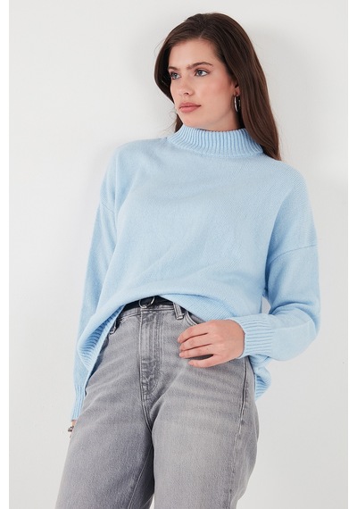 Lela Premium Oversize Fit Balıkçı Yaka Yumuşak Dokulu Triko Bayan Kazak 680Kz00469 Bebe Mavi