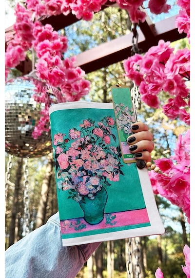 Kitap Kılıfı Ve Metal Kitap Ayracı Seti Van Gogh Pembe Güllü Vazo