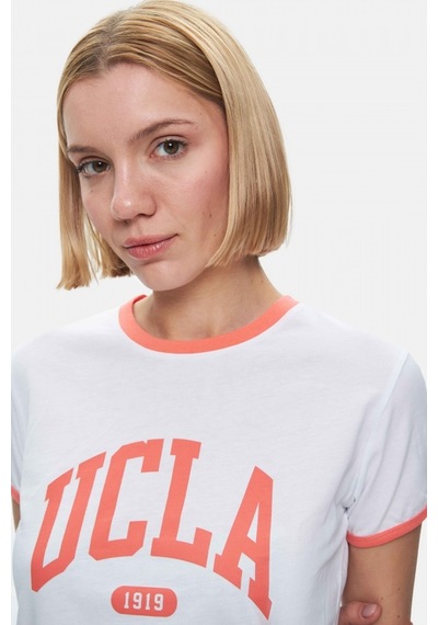 Savannah Beyaz Bisiklet Yaka Baskılı Standard Fit Kadın Tshirt Beyaz
