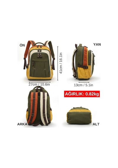 4022 Haki Krem Sarı Vintage Sırt Çantası, 15.6 Inç Bilgisayar Bölmeli, Geniş Hacimli Hakiki Deri Detaylı Pamuklu Okul Ve Yeşil Krem Sarı