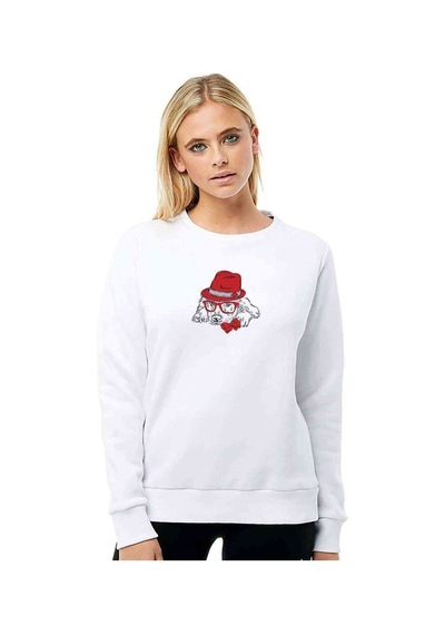 Kırmızı Şapka Ile Köpek Yay Ve Baskılı Beyaz Kadın Sweatshirt