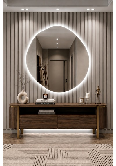 Arya Asimetrik Ledli Ayna Modern Banyo Aynası Şık Tasarım Konsol Aynası Dekoratif Duvar Aynası Beyaz Günışığı Led 60 X 60
