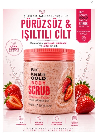 Bio Keratin Gold Çilek Özlü Vücut Peelingi 500 Ml Pürüzsüz Ve Işıltılı Cilt Body Scrub
