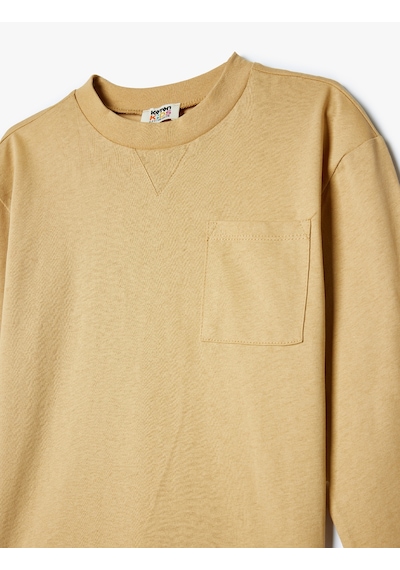 Koton Oversize Basic Tişört Cepli Uzun Kollu Bisiklet Yaka Pamuklu Bej 5wkb10407tk Ekru