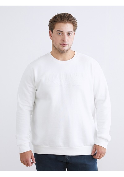 Lcwaıkıkı Classic Beyaz Büyük Beden Bisiklet Yaka Baskılı Erkek Kalın Sweatshirt