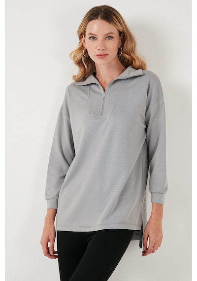 Lela Regular Fit Fermuarlı Yaka Önü Kısa Arkası Uzun Bayan Sweat 5865876 Gri