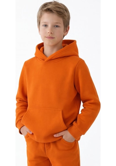 Esila Kids Çocuk Eşofman Takımı Kapüşonlu 3 İp 5-10 Yaş Turuncu