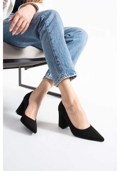 Dericia Shoes Victory Kadın Hakiki Deri Süet Yüksek Kalın Topuklu Ayakkabı Siyah