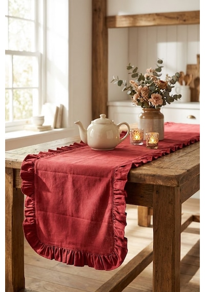 Yunusoğlu Home Fırfırlı Masa Runner 150x50 Cm Şık Dekoratif Masa Örtüsü Bordo