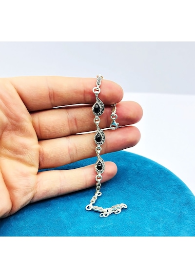 Damla Model Margazit Oltu Taşı Tasarım 925 Ayar Gümüş Bileklik Siyah - Gümüş