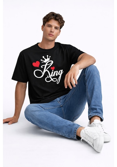 King Queen Sevgili Kombini Çift Tişört Matching Couple Oversize U Siyah