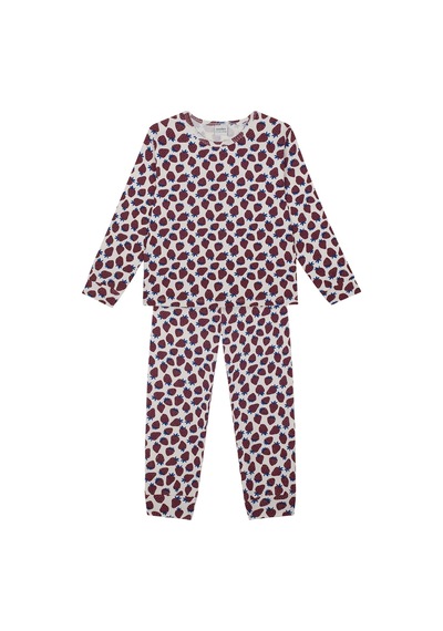 Antebies Organik Gots Sertifikalı Çilek Tarlası Desenli, Uzun Kollu Kız Çocuk Pijama Takımı Bordo