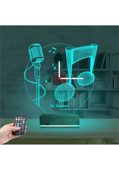 Luvivia Müzik Nota Mikrofon Kişiye Özel Saatli 3d Lamba - Masa Gece Lambası Şeffaf